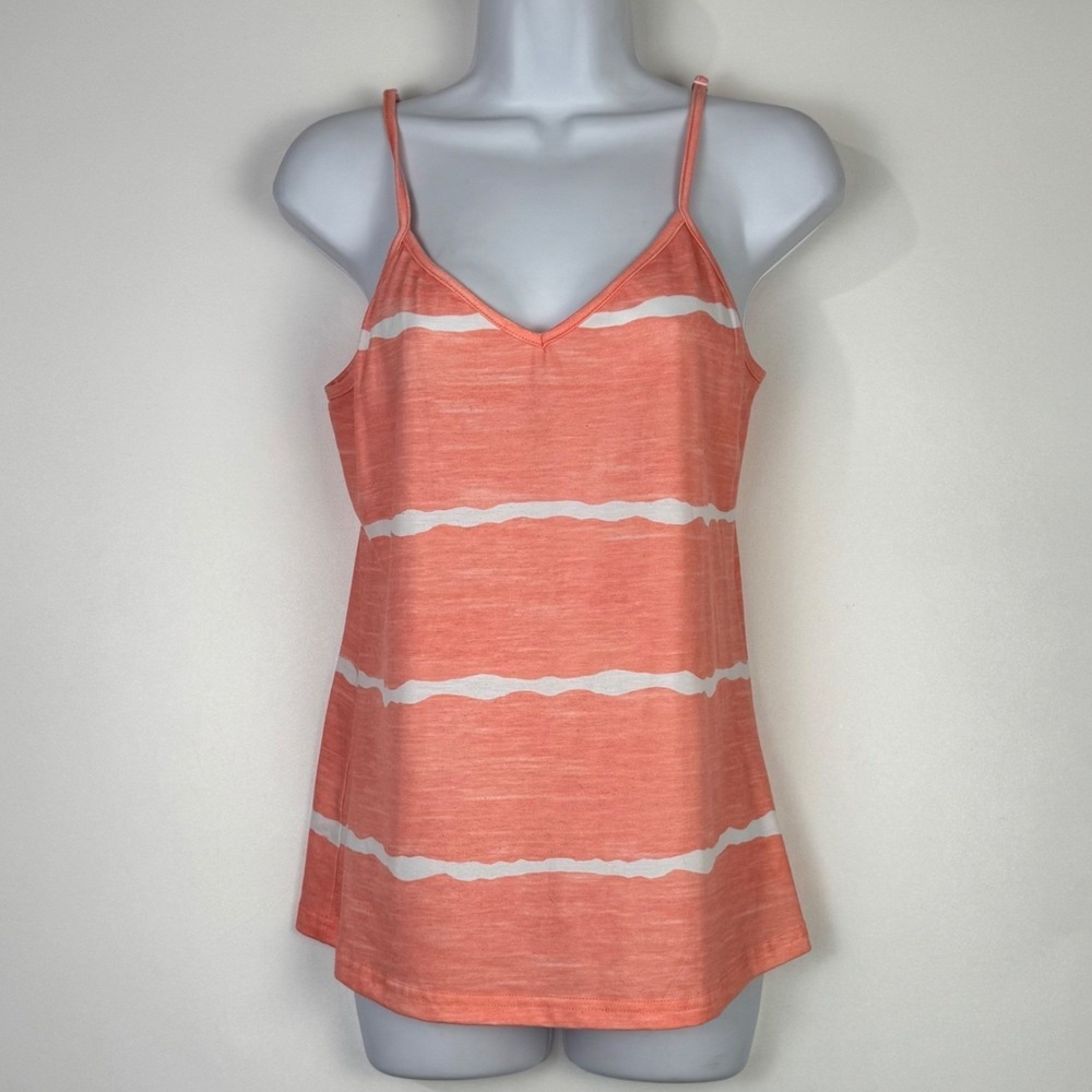 Cami Tank Top Women M Peach White Striped Adjustable Straps V-Neck Sleeveless
